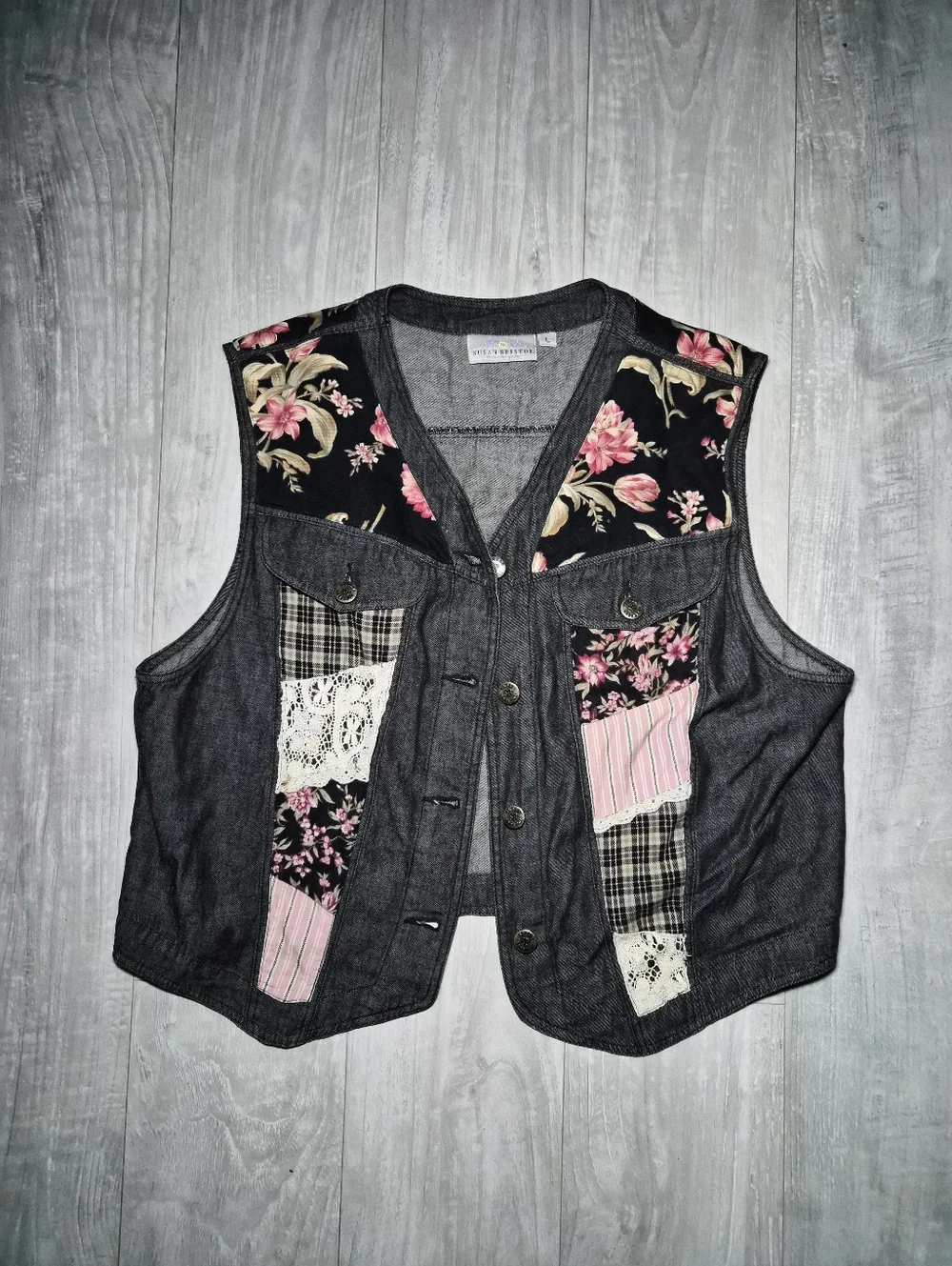 Patchwork Susan Bristol Vintage Vest top button up denim lace floral L Cottagec - Picture 5 of 8